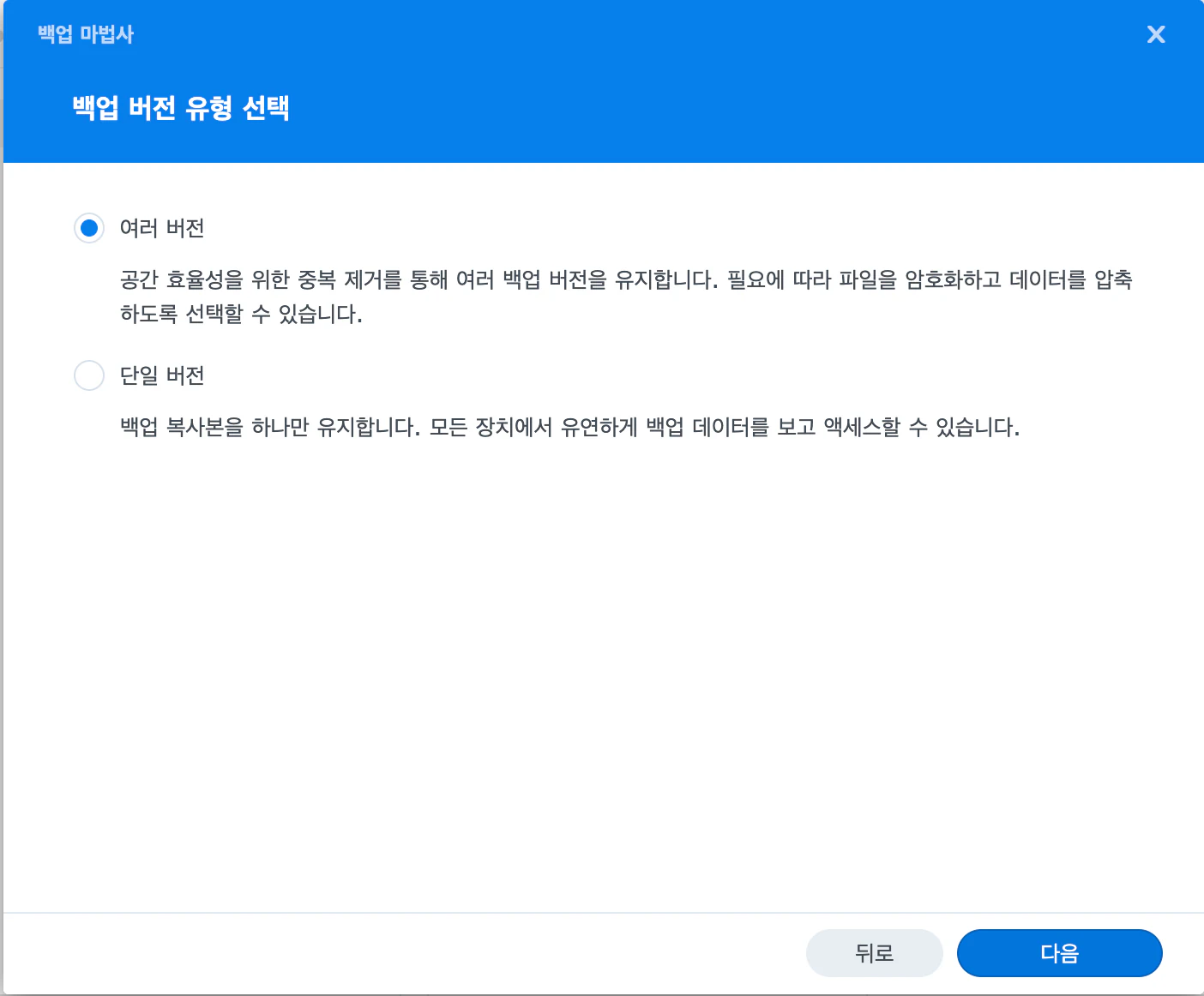 백업 버전 유형 선택 단계. 여러 버전(선택됨)은 공간 효율성을 위한 중복 제거를 통해 여러 백업 버전을 유지하고 필요에 따라 파일을 암호화하고 데이터를 압축하도록 선택할 수 있다고 설명한다. 단일 버전은 백업 복사본을 하나만 유지하며 모든 장치에서 유연하게 백업 데이터를 보고 액세스할 수 있다고 설명한다.