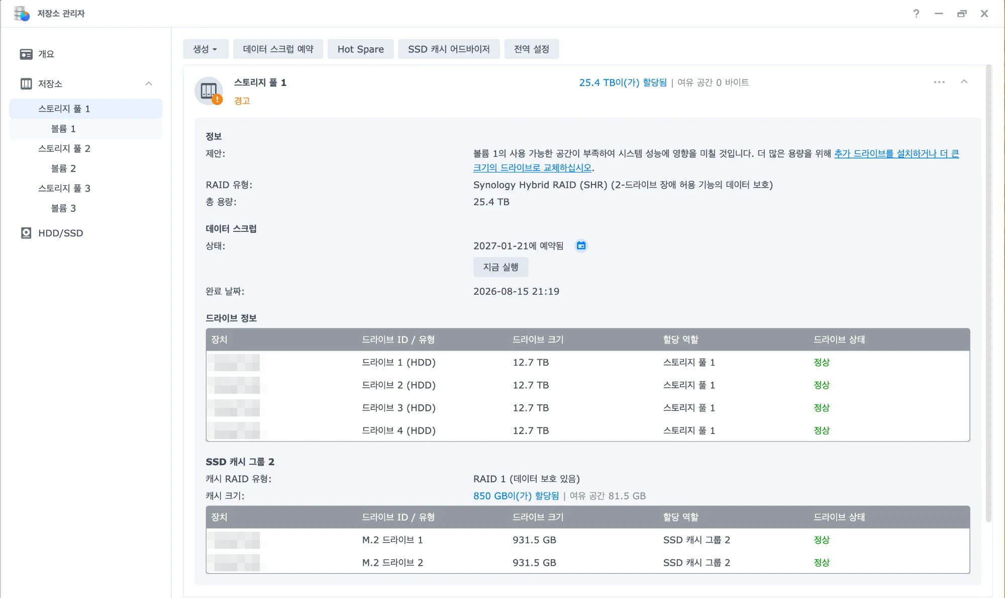 스토리지 풀 1의 정보 화면. 제안란에 볼륨 1의 사용 가능한 공간이 부족하여 시스템 성능에 영향을 미칠 것이라는 문구와 추가 드라이브를 설치하거나 더 큰 크기의 드라이브로 교체하라는 링크가 있다. RAID 유형은 Synology Hybrid RAID (SHR) (2-드라이브 장애 허용 기능의 데이터 보호), 총 용량은 25.4TB다. 드라이브 정보에는 12.7TB HDD 4개가 모두 정상으로 스토리지 풀 1에 할당되어 있다. 아래의 SSD 캐시 그룹 2는 캐시 RAID 유형이 RAID 1(데이터 보호 있음), 캐시 크기가 850GB 할당이고 931.5GB M.2 드라이브 2개가 정상이다. 장치 이름 열은 가려져 있다.
